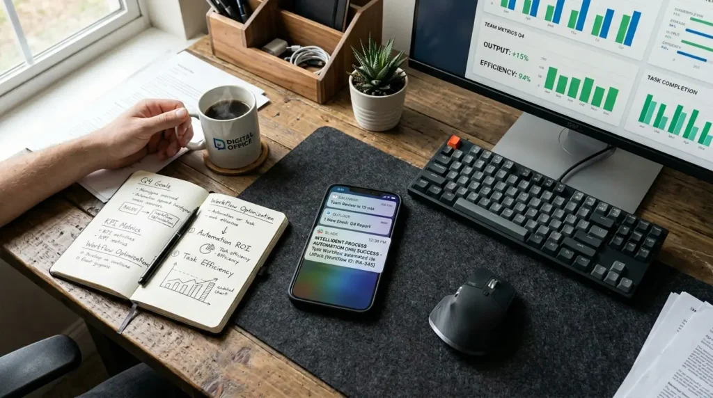Vista superior de uma mesa de trabalho organizada com celular mostrando notificações de automação de processos inteligentes. IA para produtividade e negócios